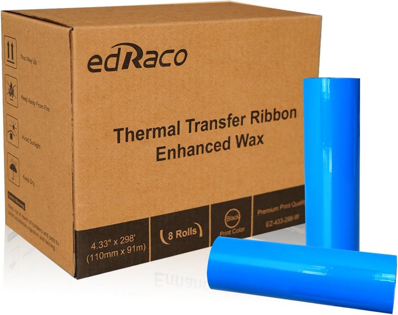 Edraco 8 Rolls Desktop Thermal Transfer Ribbons -Enhanced Wax, 4.33" x 298'(110mm x 91m), 0.5” Core, for Zebra Desktop Printer - Image 1